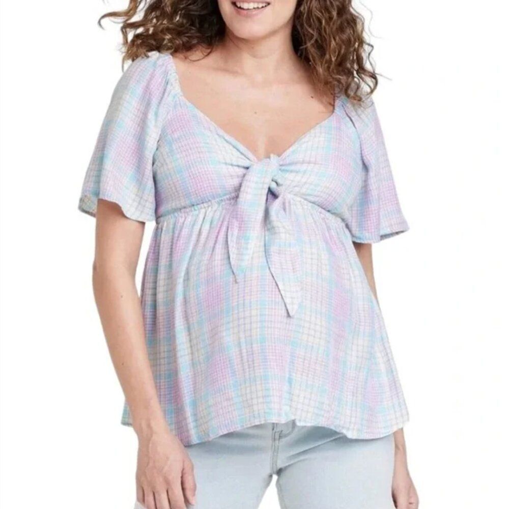 Isabel Maternity Top Tie Front Nursing Plaid Pastels Casual Short Sleeve Spring